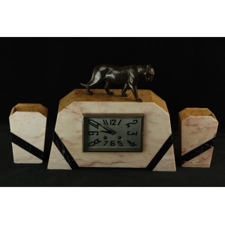 Uhr mit Pantherfigur  Art Deco Marmor Original