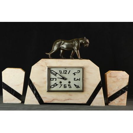 Uhr mit Pantherfigur  Art Deco Marmor Original