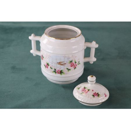 Antiker Behälter aus Porzellan mit floraler Bemalung, Goldrand