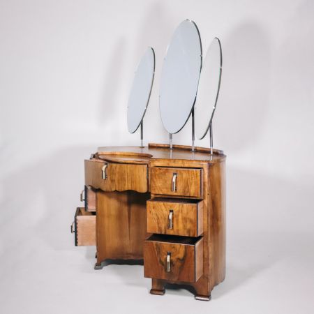 Schminktisch mit 7 Schubladen & 3 Spiegeln, Art déco Spiegelkommode, Frisiertisch
