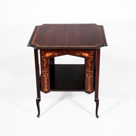 Art Nouveau Beistelltisch, Sofatisch mit Blumen Intarsien, Mahagoni, ca. 1890, Französicher Jugenstil antiker Tisch