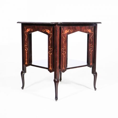 Art Nouveau Beistelltisch, Sofatisch mit Blumen Intarsien, Mahagoni, ca. 1890, Französicher Jugenstil antiker Tisch