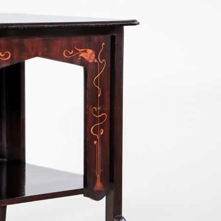 Art Nouveau Beistelltisch, Sofatisch mit Blumen Intarsien, Mahagoni, ca. 1890, Französicher Jugenstil antiker Tisch