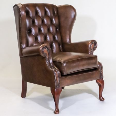 Chesterfield Ohrensessel "Windsor Wing Chair" in Braun, Englischer Bürostuhl, Ledersessel