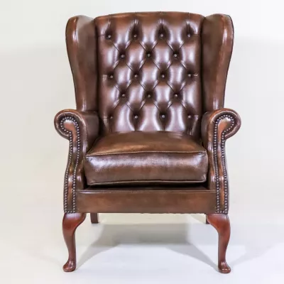 Chesterfield Sessel "Windsor Wing Chair" in Braun, Ohrensessel, Englischer Bürostuhl, Ledersessel