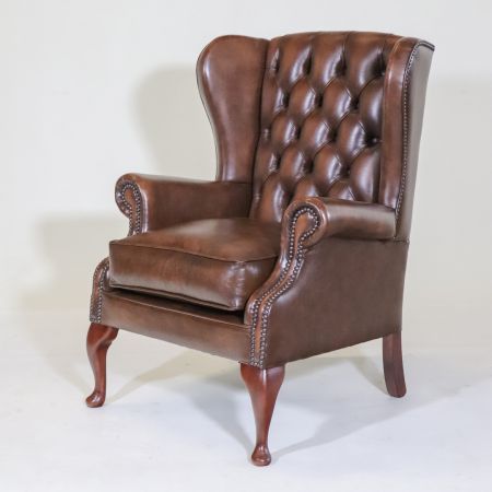 Chesterfield Ohrensessel "Windsor Wing Chair" in Braun, Englischer Bürostuhl, Ledersessel