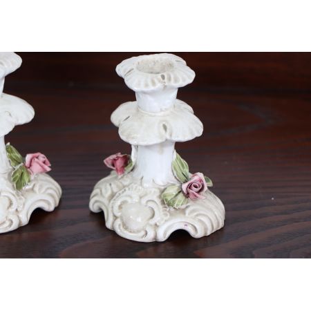 Vintage 2er Set Kerzenhalter mit Rosenmotiv, Porzellan