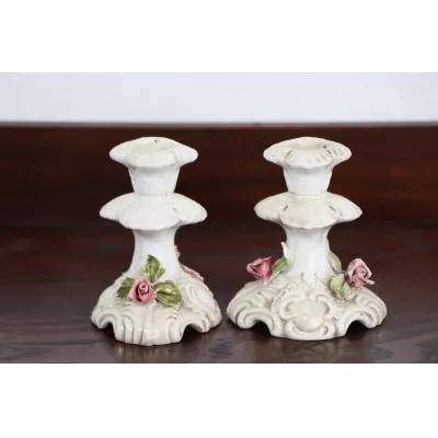 Vintage 2er Set Kerzenhalter mit Rosenmotiv, Porzellan