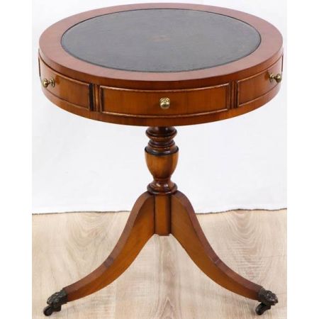 Kleiner klassischer Drum Table aus Eibe mit Leather Top