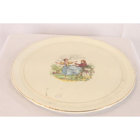 Schöner Vintage Teller aus Keramik mit gemaltem Motiv, französisch