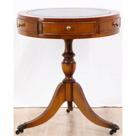 Kleiner klassischer Drum Table aus Eibe mit Leather Top