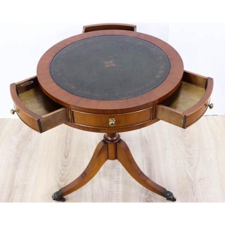 Kleiner klassischer Drum Table aus Eibe mit Leather Top