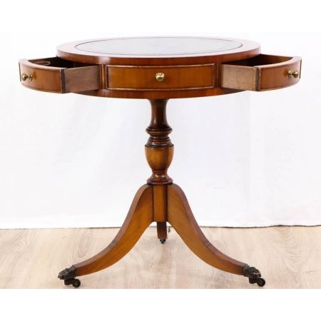 Kleiner klassischer Drum Table aus Eibe mit Leather Top