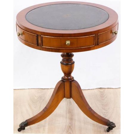 Kleiner klassischer Drum Table aus Eibe mit Leather Top