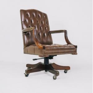 Vintage Chesterfield Drehstuhl mit braunem Leder, Bürostuhl