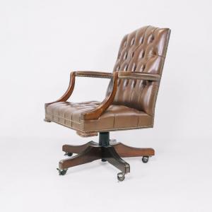 Vintage Chesterfield Drehstuhl mit braunem Leder, Bürostuhl