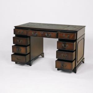 Antique Pedestal Desk aus feinem Mahagoni mit grüner Lederplatte, Antiker Schreibtisch mit neun Schubladen