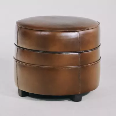 "Pouf Barquette" Hocker - Stuhl Fußteil Leder Vintage rund original Vintage Stil Vintageleder Schafsleder handpatiniert handpoliert - Sofort Lieferbar