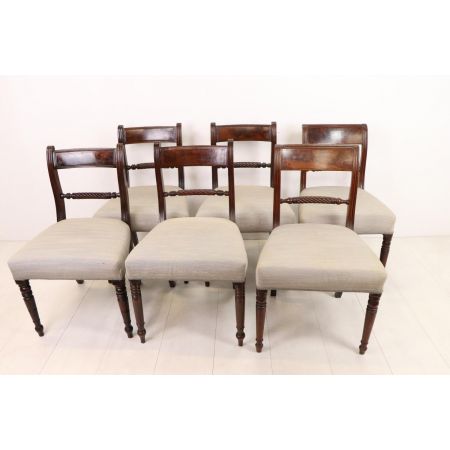 Antike Viktorianische Esszimmer Stühle, Dining Chairs aus Mahagoni Holz 6 Stück, Column Legs, Sabre Legs mit Schönen Sauberen Polstern, ca. 1860