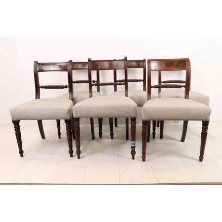 Antike Viktorianische Esszimmer Stühle, Dining Chairs aus Mahagoni Holz 6 Stück, Column Legs, Sabre Legs mit Schönen Sauberen Polstern, ca. 1860