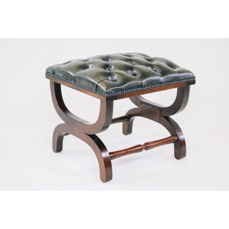 Antiker Fußhocker mit grünem Leder gepolstert, Chesterfield