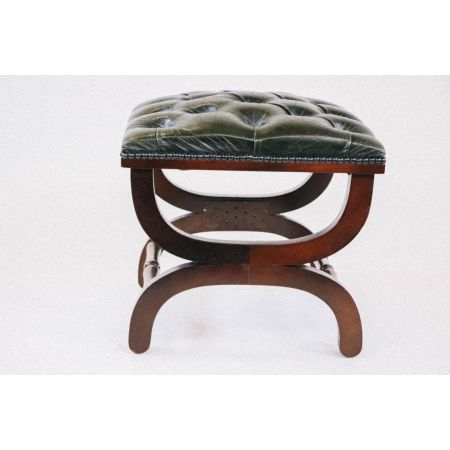 Antiker Fußhocker mit grünem Leder gepolstert, Chesterfield