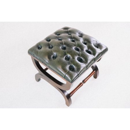 Antiker Fußhocker mit grünem Leder gepolstert, Chesterfield