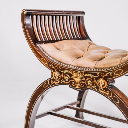 Victorian Piano Chair, Stool, Hocker mit aufwendiger Intarsienarbeit und doppelten Bogenstützen