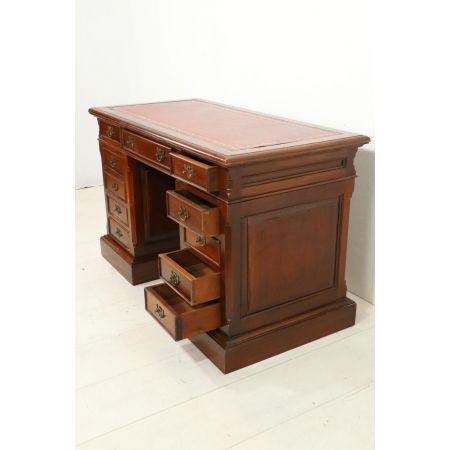 Antiker Pedestal Desk mit rotem Leder, Mahagoni, ca. 19. Jahrhundert