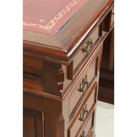 Antiker Pedestal Desk mit rotem Leder, Mahagoni, ca. 19. Jahrhundert