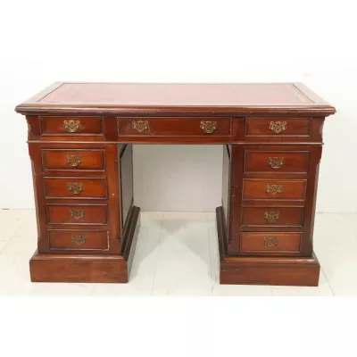 Antiker Pedestal Desk mit rotem Leder, Mahagoni, ca. 19. Jahrhundert