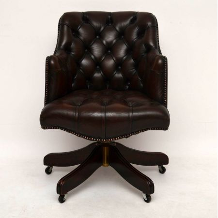 Antiker Knopfleder Swivel Schreibtisch Stuhl