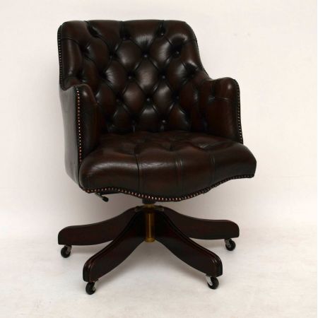 Antiker Knopfleder Swivel Schreibtisch Stuhl