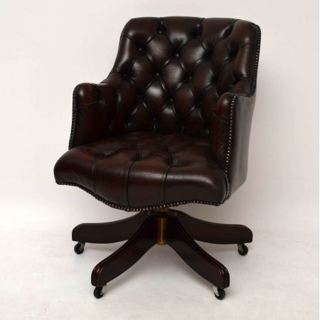 Antiker Knopfleder Swivel Schreibtisch Stuhl