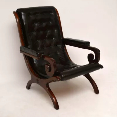 Antiker Leder & Mahagoni Sessel Fernsehsessel schwarzes Leder