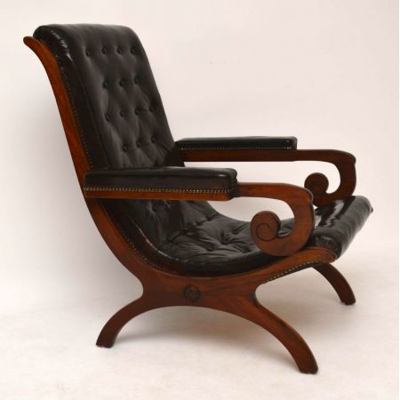 Antiker Leder & Mahagoni Sessel Fernsehsessel schwarzes Leder