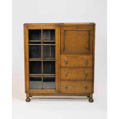 Art Déco Sekretär, Vitrine aus Eiche, Bücherregal