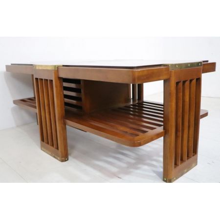 Art déco Stil Sofatisch mit Barfach, Massivholz u. Messingbeschläge