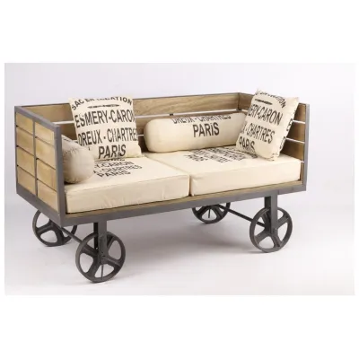 „Tabouret Industriel“ – Industrial Sofa aus Mangoholz und Metall auf Rollen