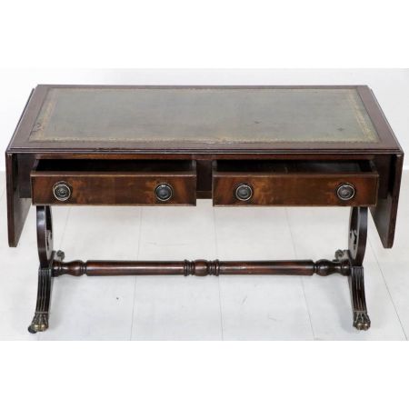 Klappbarer Sofatisch mit grüner Prägelederplatte aus Mahagoni