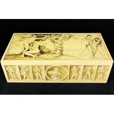 Bemalte Holzschachtel mit Paradies Motiv, Adam und Eva, Religiöse Antike Holzbox