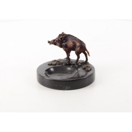 Marmor Aschenbecher mit Bronze Wildschwein 9,2xØ12,8cm