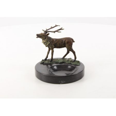 Marmor Aschenbecher mit Bronze Hirsch 13,1x12,8x13,6cm