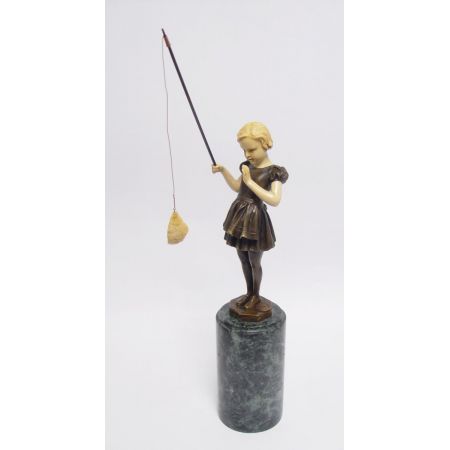 Polyharz Mounted Bronze Figur von Fishing Girl 30,5x7,6x7cm