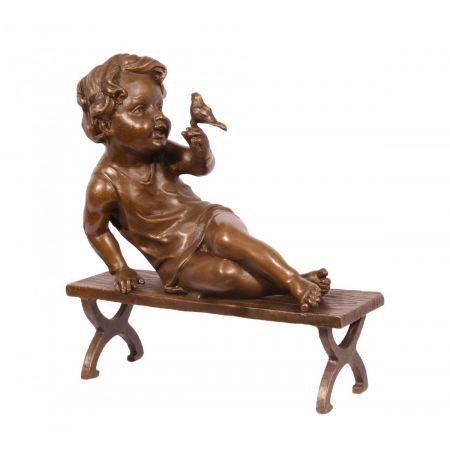 Bronzefigur Child With Bird On Bench 16,1x5,8x15,2cm