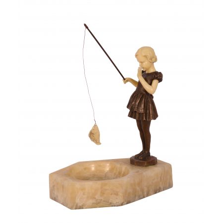 Marmor Aschenbecher With Polyharz Mounted Bronze Figur von 22,4x13,1x18,5cm