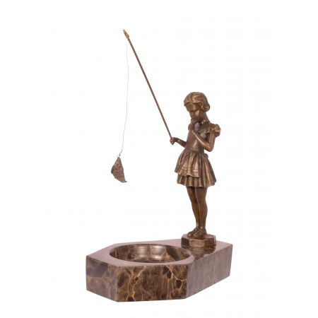 Marmor Aschenbecher With Bronzefigur Fishing Girl 22,5x12,8x18,1cm