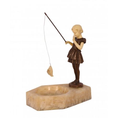 Marmor Aschenbecher With Polyharz Mounted Bronze Girl 22,8x15x16cm