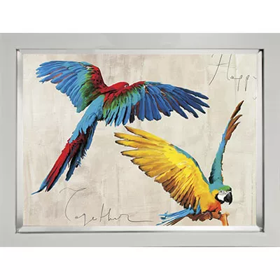 Große Fotoleinwand Papageien "Happy Together" im Edelstahl Bilderrahmen 120x90
