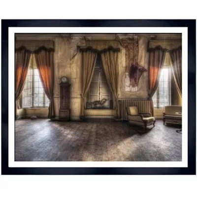 Bild Wandbild Vintage Wohnzimmer mit Uhr 100x130 im schwarzen Rahmen